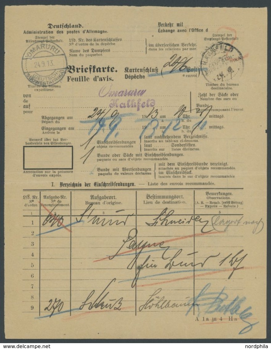 DSWA OMARURU KALKFELD, 24.9.1913, Violetter L2 Auf Briefkarte (Verzeichnis Der Einschreibsendungen), Pracht - Duits-Zuidwest-Afrika