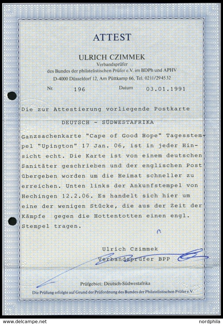 DSWA UPINGTON, 17.1.06., Auf Ganzsachenkarte Kap Der Guten Hoffnung Mit Zusatzfrankatur 1 D., Von Sergt. Maier Aus Ukama - German South West Africa