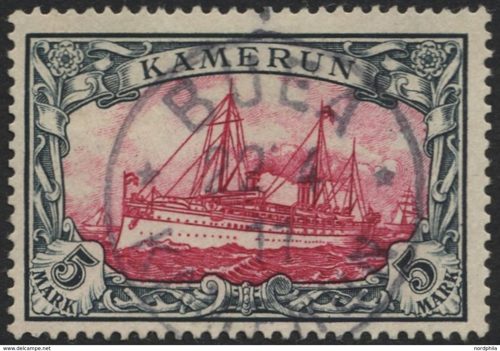 KAMERUN 19 O, 1900, 5 M. Grünschwarz/bräunlichkarmin, Ohne Wz., Stempel BUEA, Pracht, Mi. 600.- - Kameroen