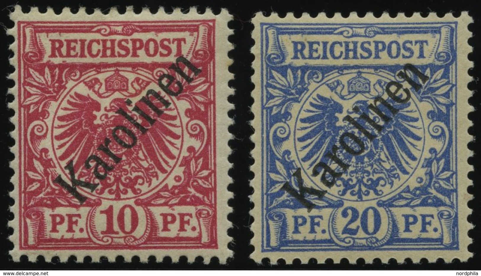 KAROLINEN 3/4I *, 1899, 10 Und 20 Pf. Diagonaler Aufdruck, Falzreste, 2 Prachtwerte, Mi. 150.- - Caroline Islands