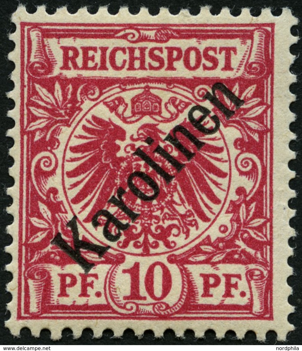 KAROLINEN 3I *, 1899, 10 Pf. Diagonaler Aufdruck, Falzrest, Pracht, Gepr. Steuer, Mi. 75.- - Carolinen