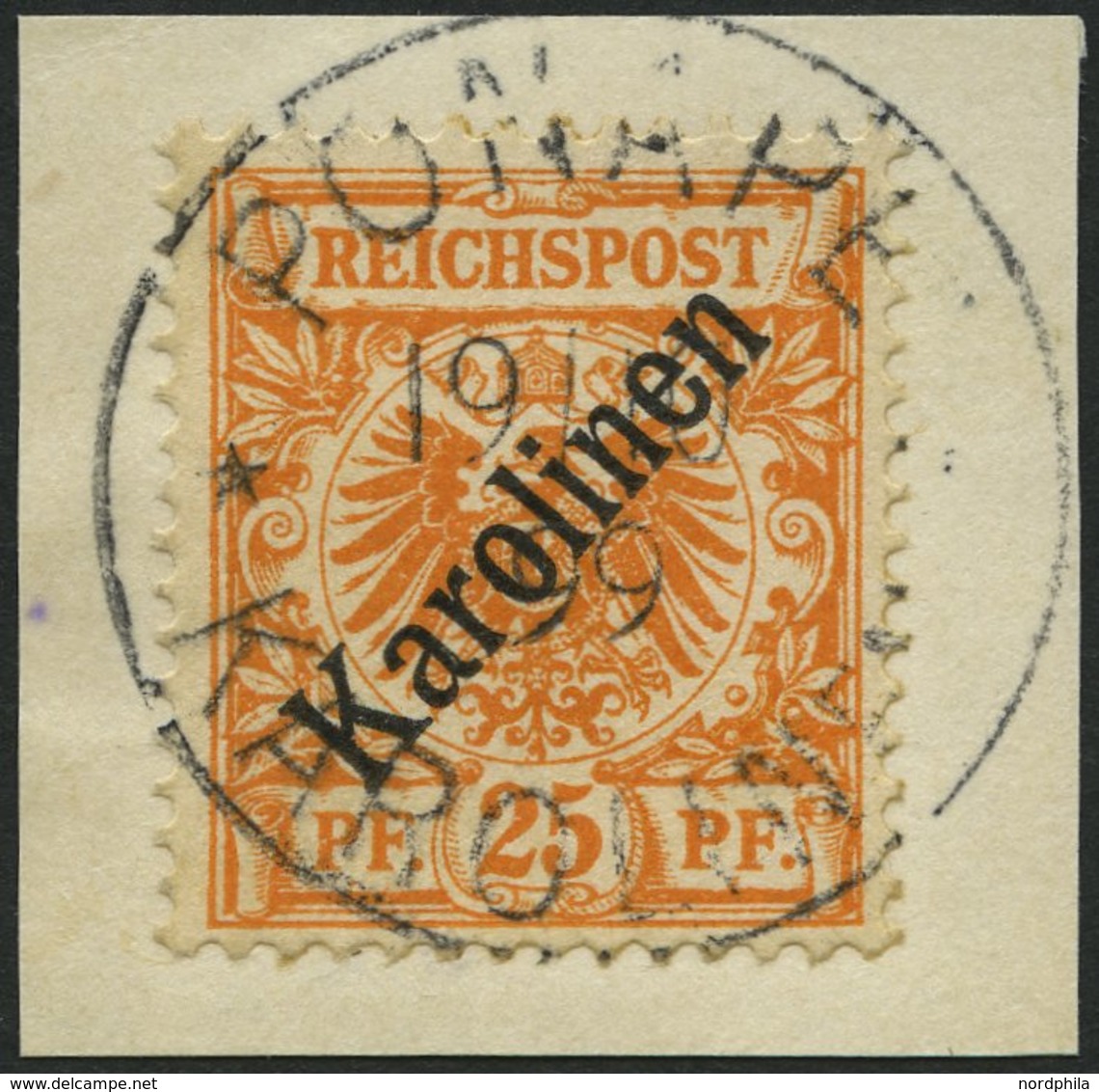 KAROLINEN 5I BrfStk, 1899, 25 Pf. Diagonaler Aufdruck, Prachtbriefstück, Fotoattest Dr. Lantelme, Mi. (3400.-) - Isole Caroline