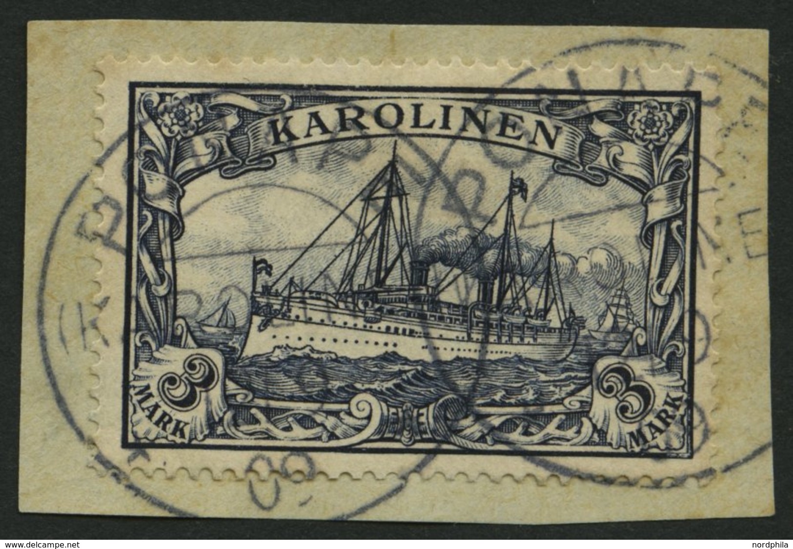 KAROLINEN 18 BrfStk, 1900, 3 M. Violettschwarz Auf Briefstück (zur Kontrolle Gelöst), üblich Gezähnt Pracht, Signiert, M - Carolinen
