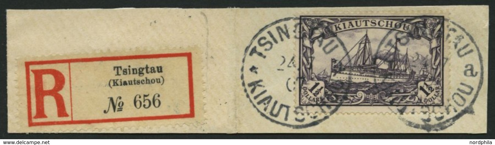 KIAUTSCHOU 26A BrfStk, 1905, 11/2 $ Schwarzviolett, Ohne Wz., Gezähnt A, Großes Prachtbriefstück Mit R-Zettel, Fotoattes - Kiaochow