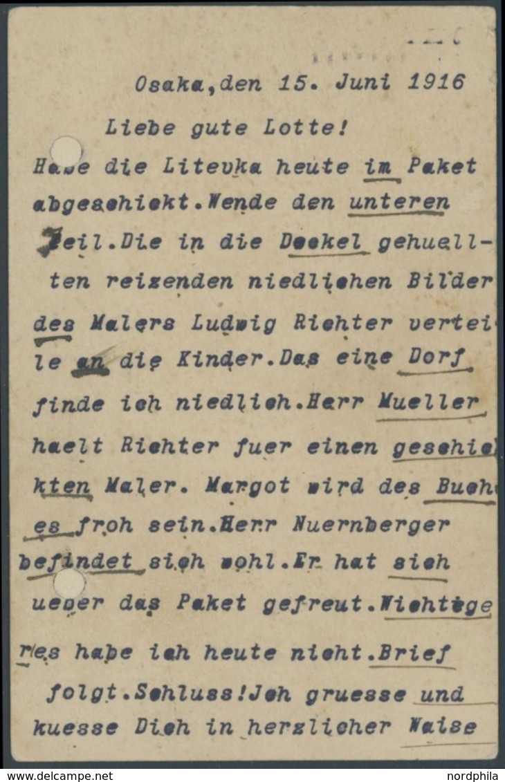 KIAUTSCHOU 1916, OSAKA-Zulassungsmarke, Ovales Siegel In Rot, Type Ib, Auf Mehrfach Zensierter, Im Text Verschlüsselter  - Kiautchou