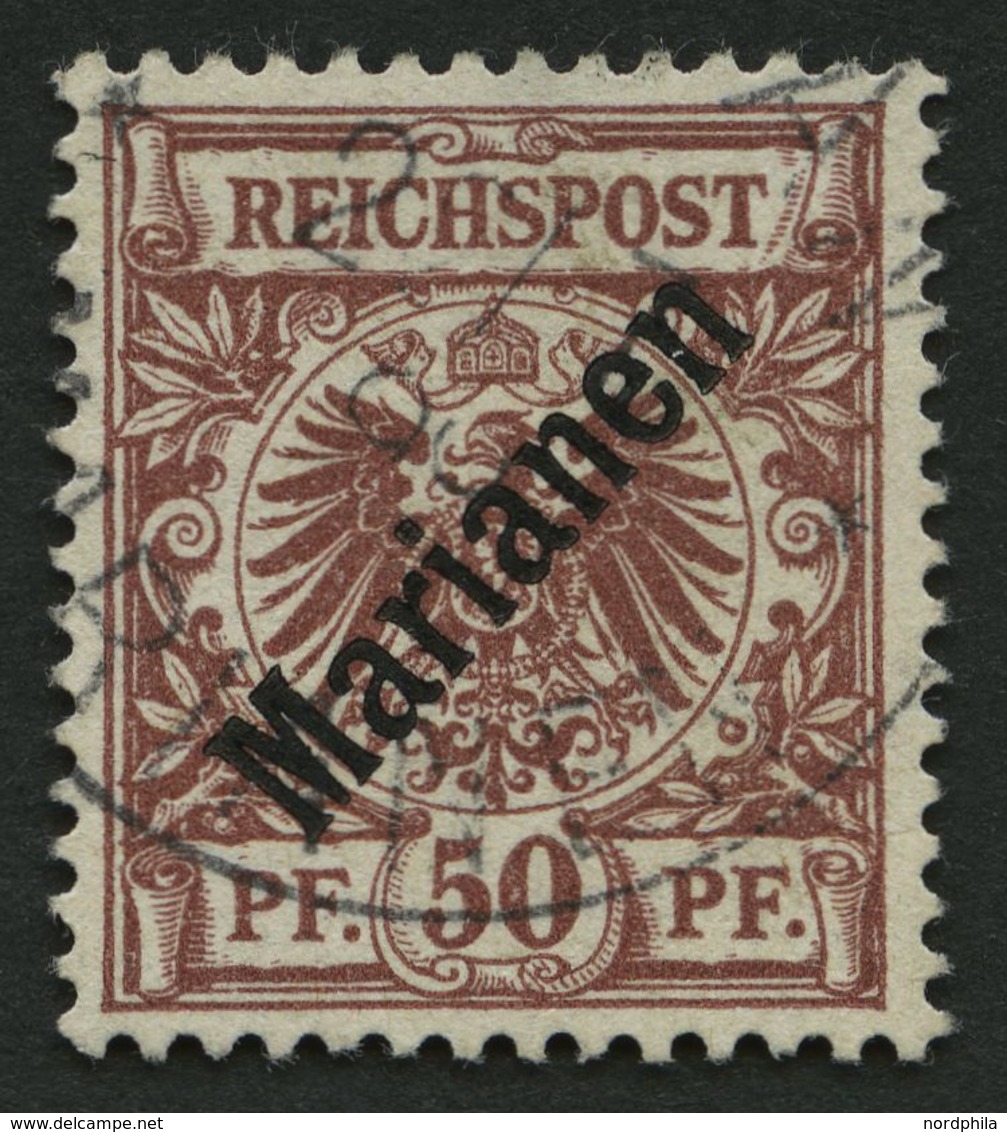 MARIANEN 6I O, 1899, 50 Pf. Diagonaler Aufdruck, Stempel SAIPAN 22.7.00 (Sorte II), Pracht, Fotoattest Jäschke-L. - Mariannes