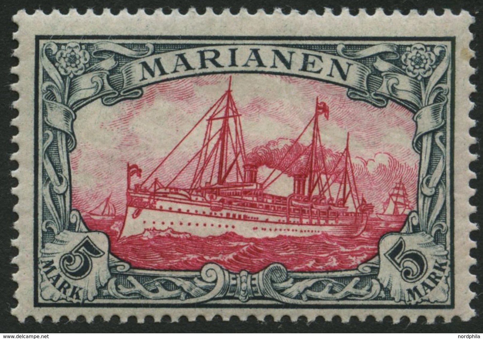 MARIANEN 19 *, 1901, 5 M. Grünschwarz/dunkelkarmin, Ohne Wz., Falzrest, Pracht, Signiert, Mi. 170.- - Marianen