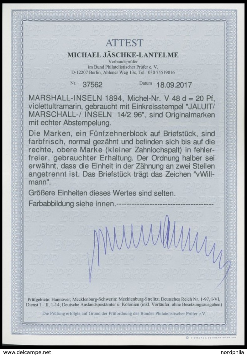 MARSHALL-INSELN V 48d BrfStk, 1896, 20 Pf. Violettultramarin Im 15er-Block Auf Leinenbriefstück, Stempel JALUIT 14.2.96, - Marshalleilanden