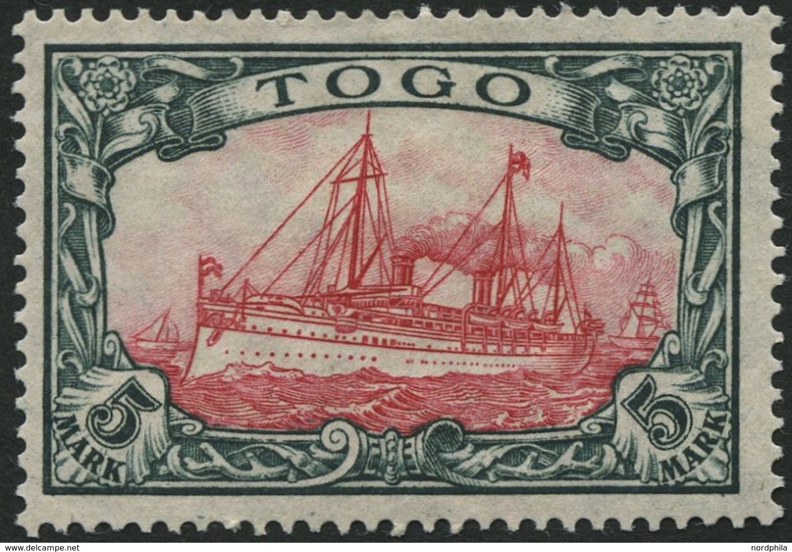TOGO 23IIA *, 1919, 5 M. Grünschwarz/rotkarmin, Mit Wz., Kriegsdruck, Gezähnt A, Falzreste, Pracht, Gepr. Jäschke-L., Mi - Togo