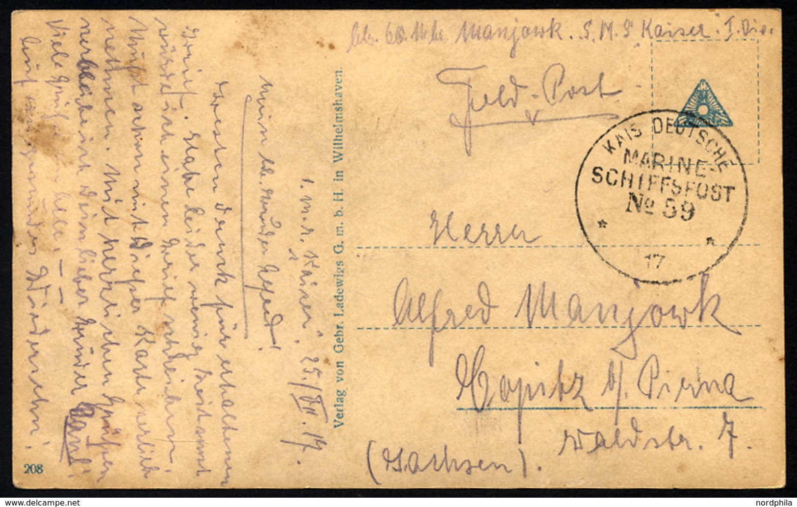 MSP VON 1914 - 1918 59 (Linienschiff KAISER), 25.7.1917, Feldpost-Humorkarte Von Bord Der Kaiser, Feinst - Turkse Rijk (kantoren)