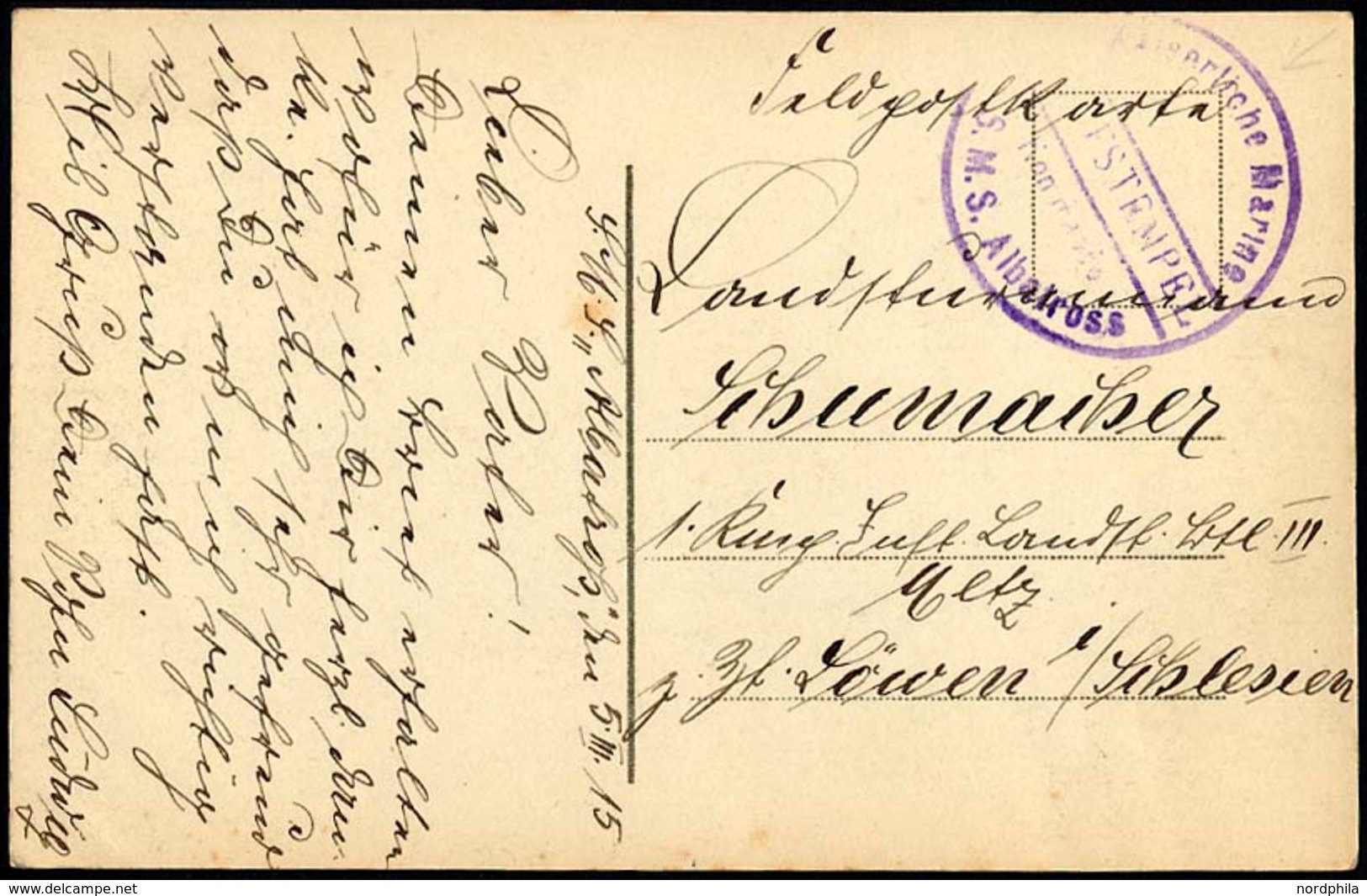 MSP VON 1914 - 1918 (Minendampfer ALBATROSS), 5.3.1915, Violetter Briefstempel (1. Form), Feldpost-Ansichtskarte Von Bor - Turkse Rijk (kantoren)