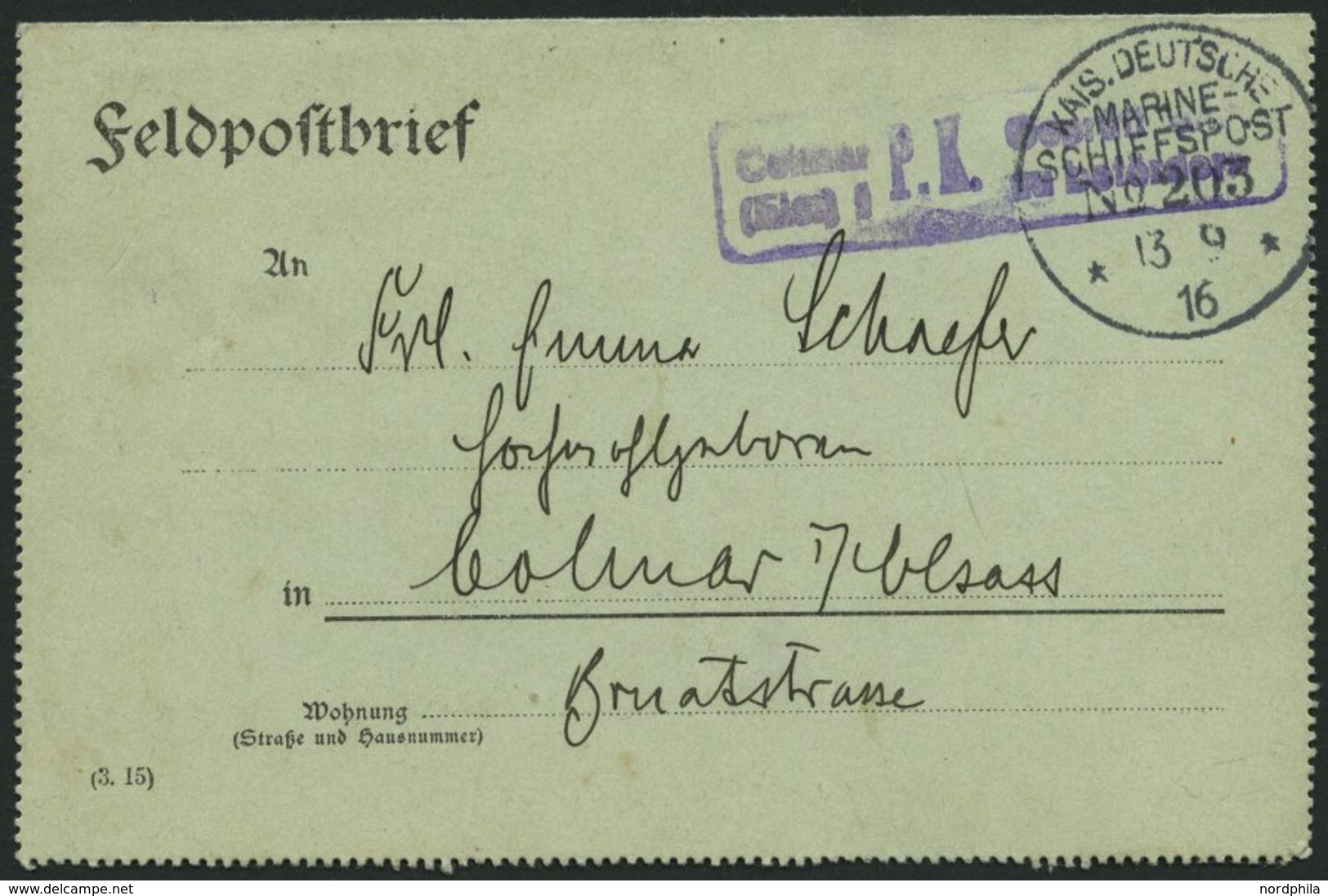 MSP VON 1914 - 1918 203 (Minenschiff PELIKAN), 13.9.1916, Feldpost-Kartenbrief Von Bord Der Pelikan Nach Colmar Mit Viol - Turkey (offices)