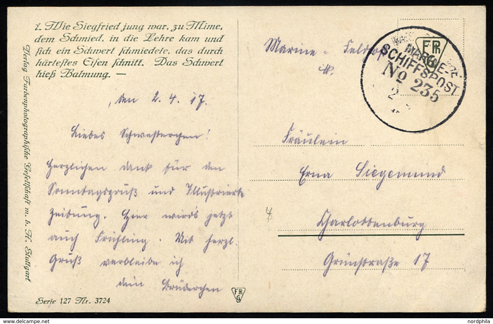 MSP VON 1914 - 1918 235 (2. Halbflottille Der Handelsschutzflottille), 2.4.1917, Feldpost-Künstlerkarte Nach Charlottenb - Turchia (uffici)