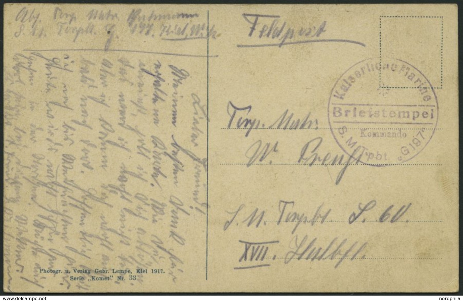 MSP VON 1914 - 1918 (Torpedoboot: G 197), Violetter Briefstempel, Feldpost-Ansichtskarte, Pracht, R! - Turchia (uffici)