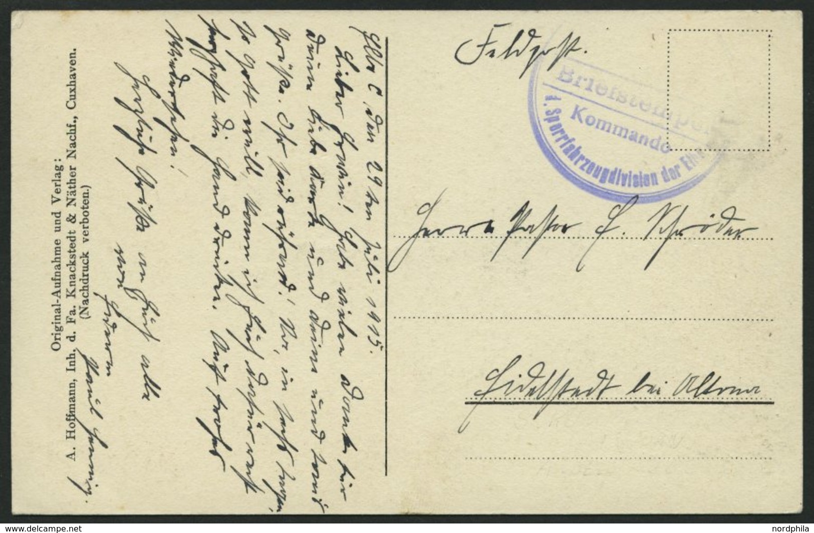 MSP VON 1914 - 1918 (Sperrfahrzeugdivision Der Elbe), 29.7.1915, Blauvioletter Briefstempel, Feldpost-Ansichtskarte Von  - Turchia (uffici)