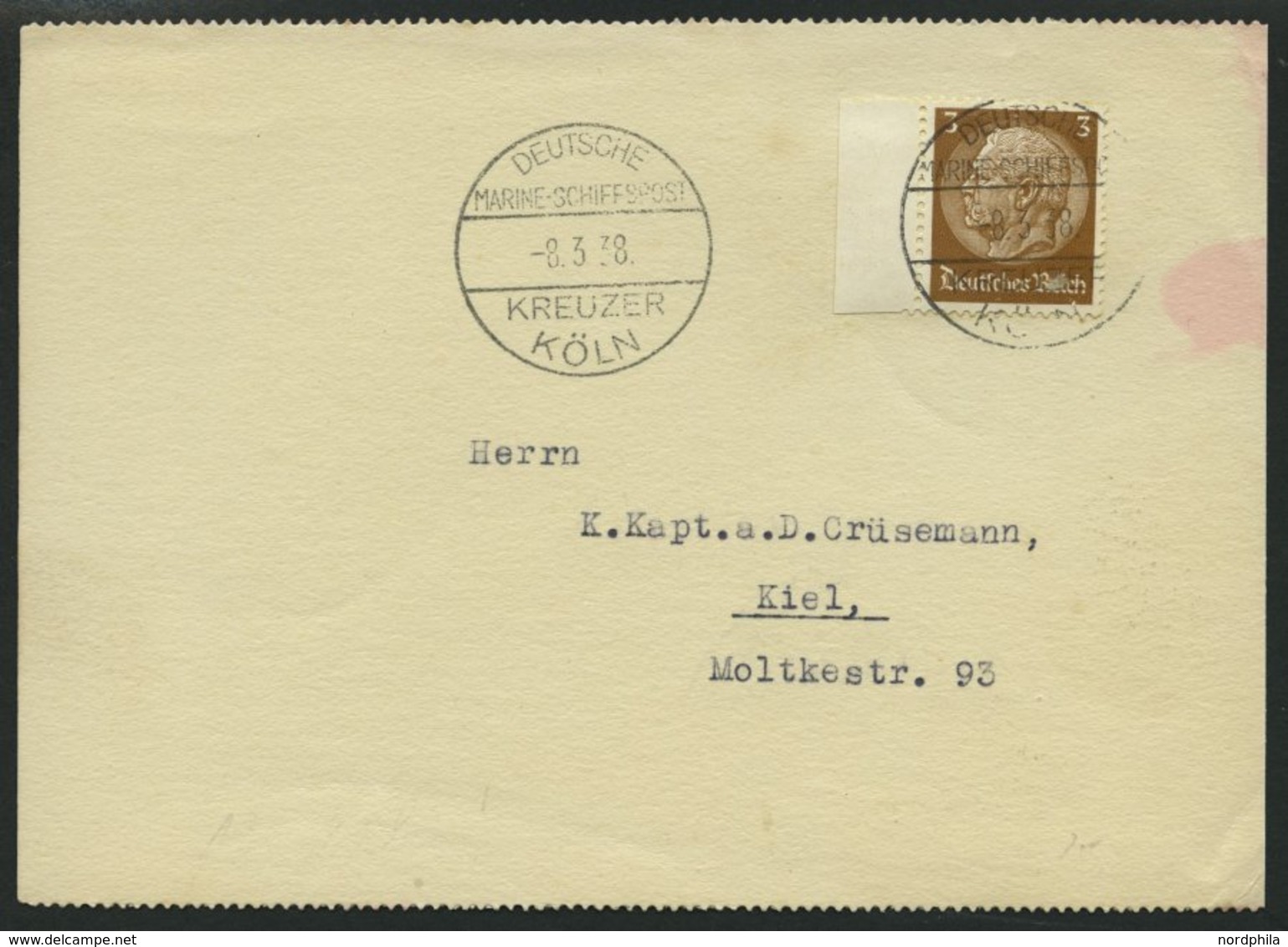 MSP VON 1920 - 1940 DR 513 BRIEF, Kreuzer Köln, 8.3.38, Auf Postkarte (rückseitig Unbeschriftet) An Kapt. A.D. Crüsemann - Maritiem