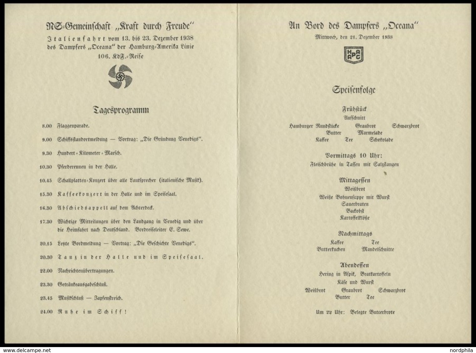 DEUTSCHE SCHIFFSPOST 1938, KDF- Tagesveranstaltungskarte Vom 24. 12., Inklusive Speisenfolge Von Bord Der OCEANA , Feins - Marittimi