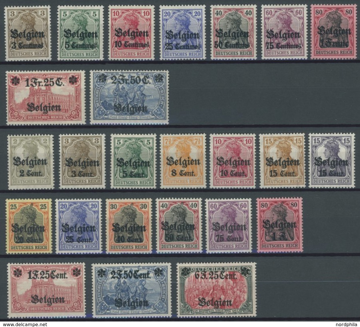 LANDESPOST IN BELGIEN 1-25 *, 1914-16, Freimarken, Falzreste, 2 Prachtsätze, Mi. 195.- - Occupation 1914-18