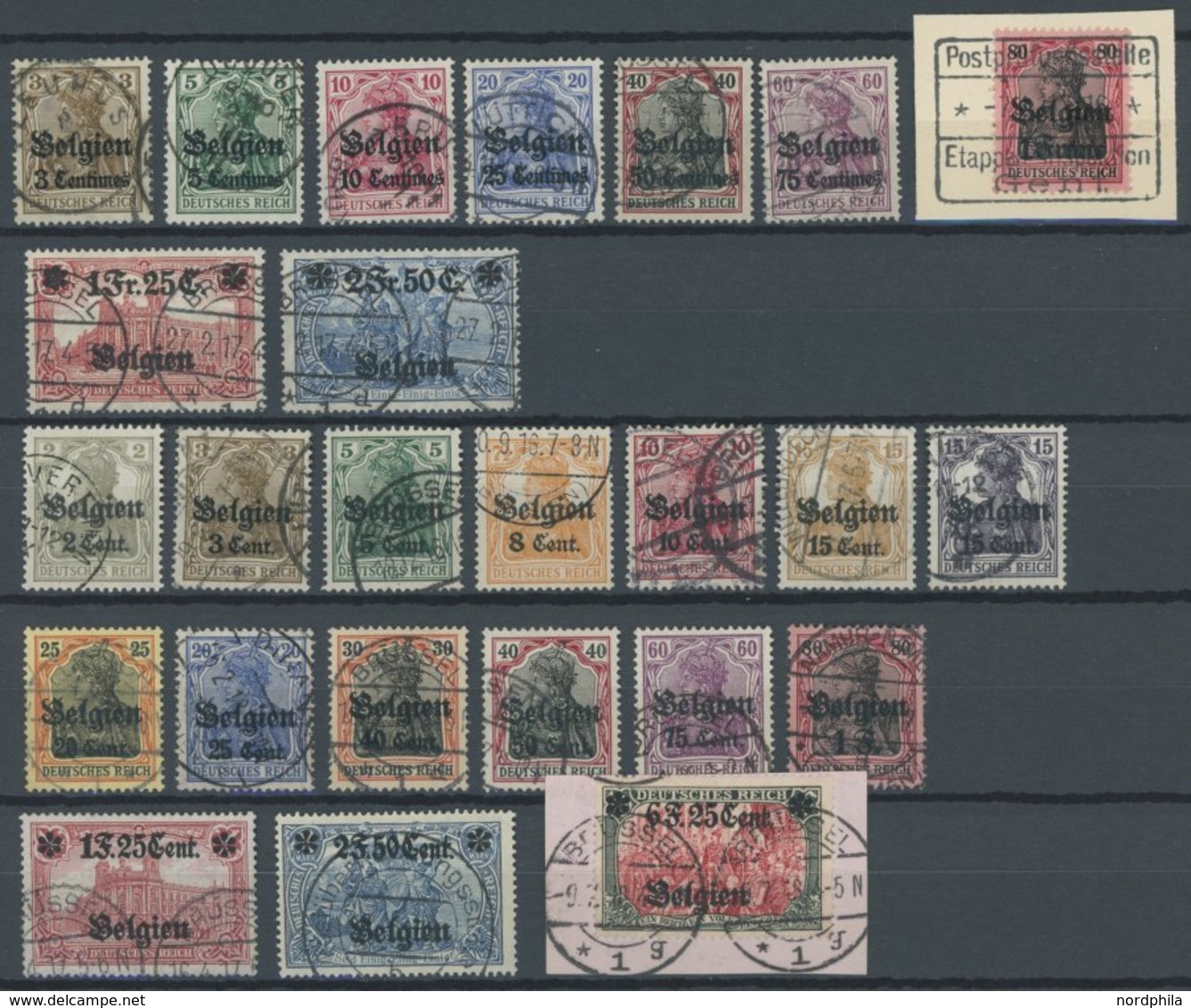 LANDESPOST IN BELGIEN 1-25 O, 1914-16, Freimarken, 2 Prachtsätze, Mi. 245.- - Bezetting 1914-18