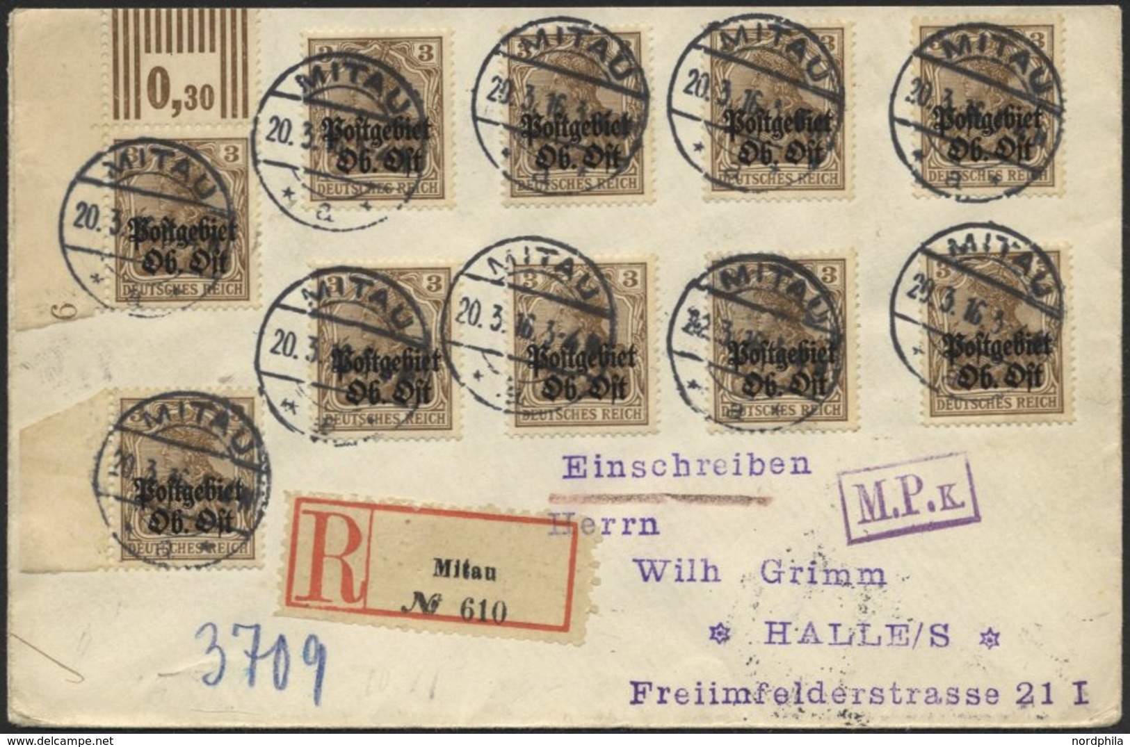 POSTGEBIET OB.OST 2aWOR BRIEF, 1916, 3 Pf. Schwärzlichbraunocker, Walzendruck 3`7`3 Aus Oberer Linker Bogenecke Mit Plat - Andere & Zonder Classificatie