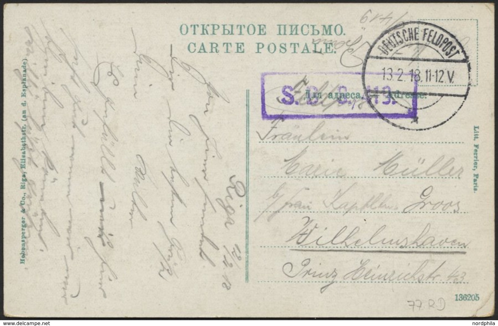 DT. FP IM BALTIKUM 1914/18 77. Reserve-Division, 13.2.18, Mit Tarnstempel DEUTSCHE FELDPOST * Auf Farbiger Ansichtskarte - Lettonia