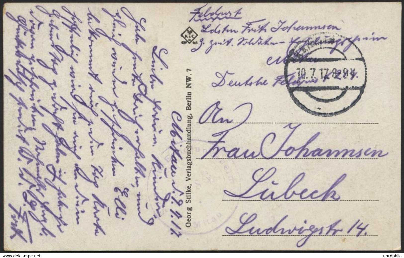 LETTLAND Feldpoststation Nr. 214, 10.7.17, Mit Ausgestanztem Stempel K.D. FELDPOST Auf Farbiger Ansichtskarte (Die Katho - Letland