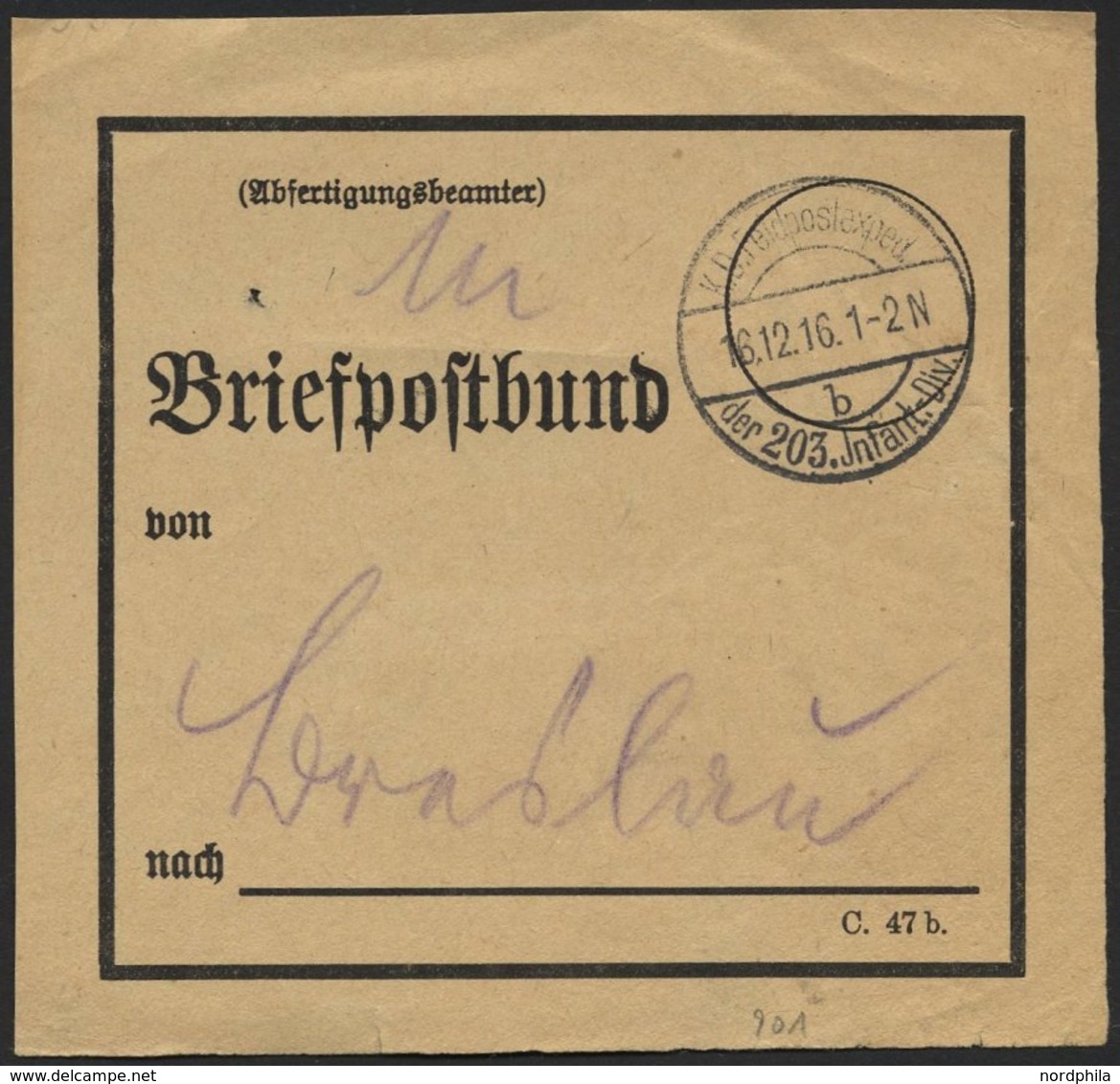 LETTLAND 901 BRIEF, K.D. FELDPOSTEXPED. DER 203. INFANT.-DIV. B, 16.12.16, Auf Briefpostbund-Zettel (C 47b) Für Ein Bünd - Latvia