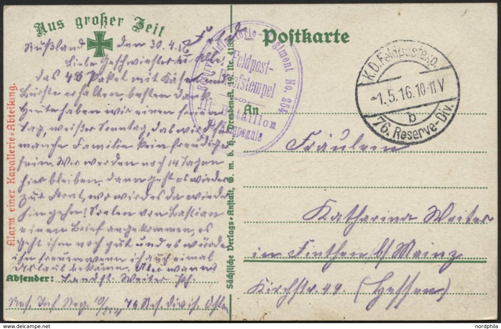 DT. FP IM BALTIKUM 1914/18 K.D. FELDPOSTEXP. 76. RESERVE DIV. B, 1.5.16, Auf Farbiger Ansichtskarte (Alarm Einer Kavalle - Latvia