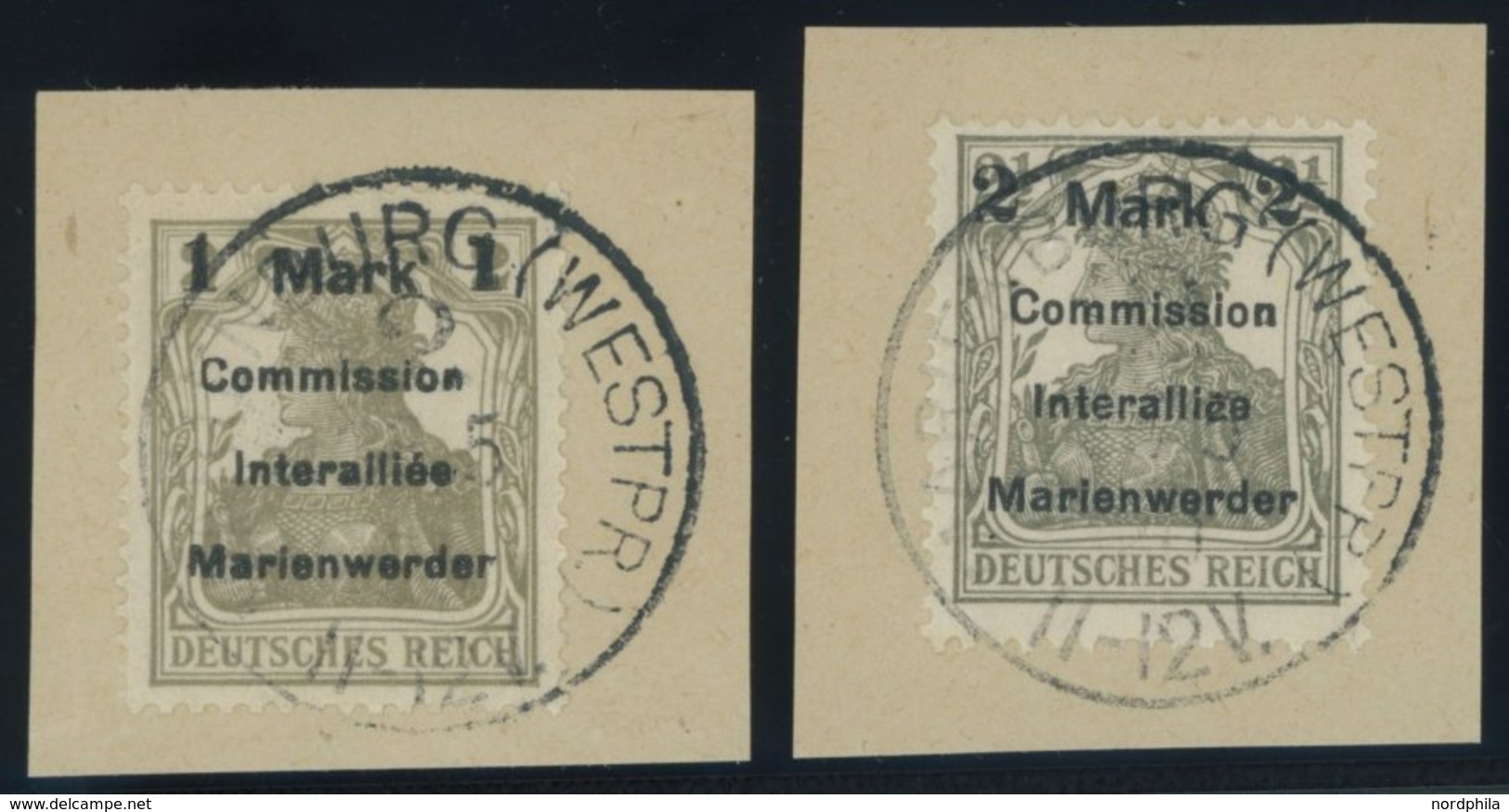 MARIENWERDER 22/3AI BrfStk, 1920, 1 M. Auf 2 Pf. Gelbgrau Und 2 Auf 21/2 Pf. Olivgrau, Type AI, 2 Prachtbriefstücke, Gep - Other & Unclassified