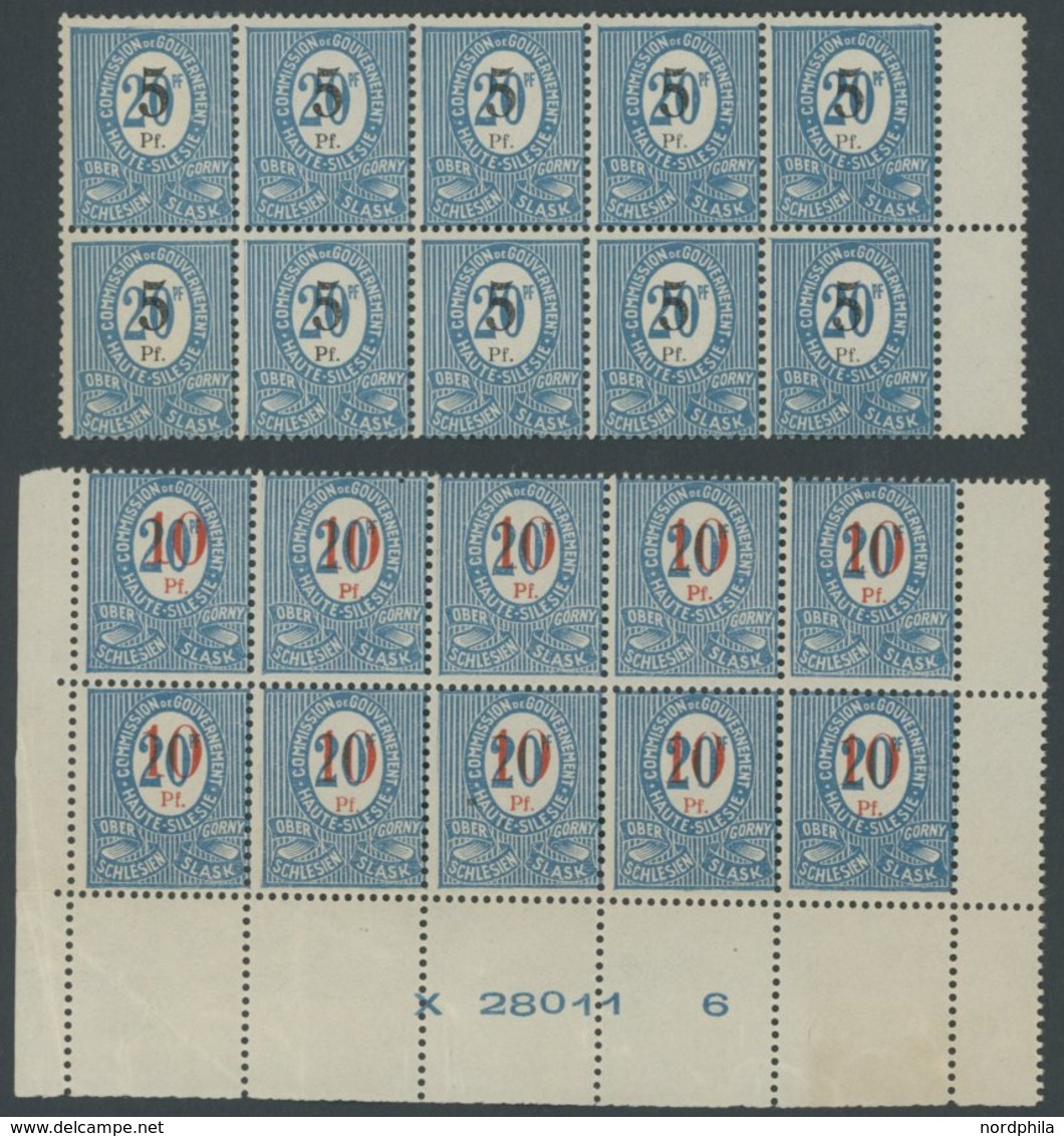 OBERSCHLESIEN 10/1 **, 1920, 5 Pf. Auf 20 Pf. Und 10 Pf. Auf 20 Pf., Je Im Zehnerblock, Dabei Diverse Typen, Mi.Nr. 11 M - Andere & Zonder Classificatie