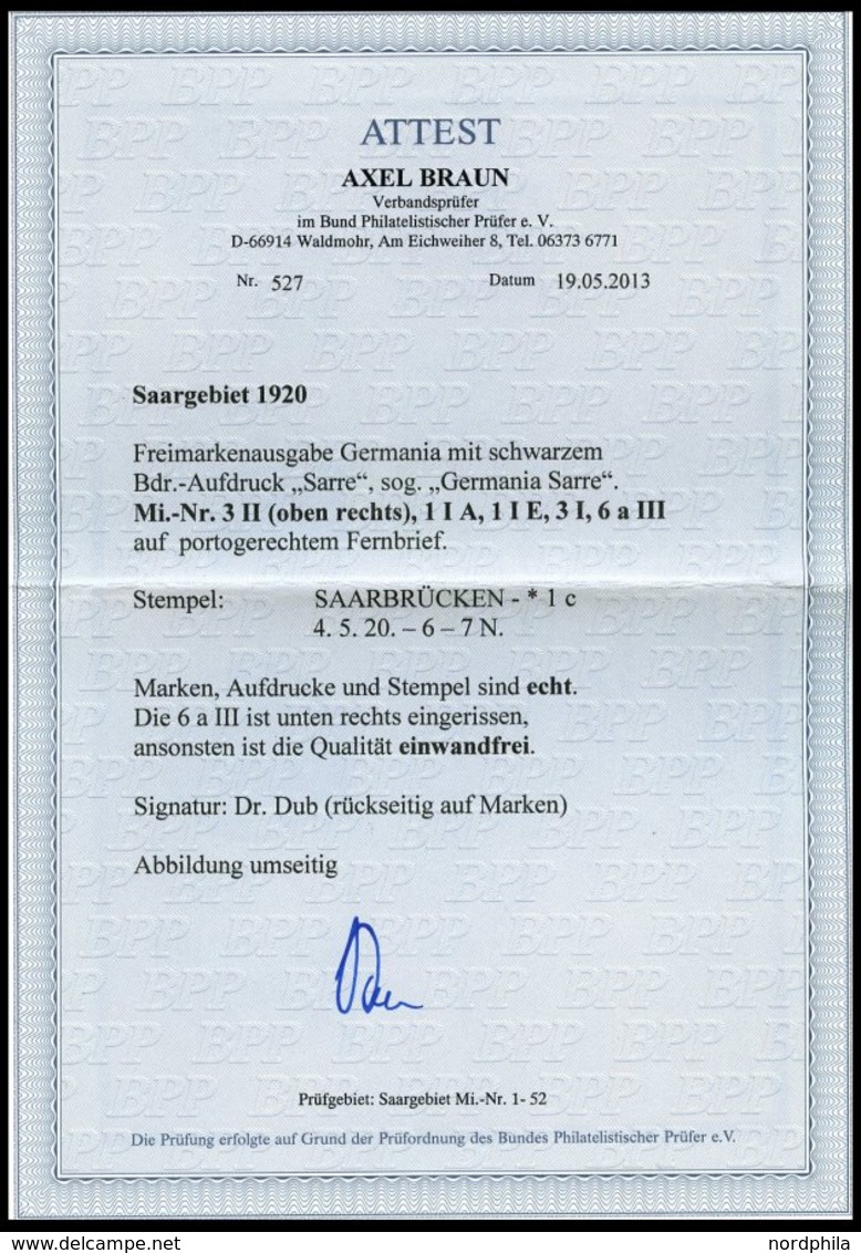 SAARGEBIET 3II BRIEF, 1920, 3 Pf. Dunkelockerbraun, Type II, Mit Zusatzfrankatur (Mi.Nr. 1IA,1IE,3I) Und Fehlerhafter 10 - Other & Unclassified