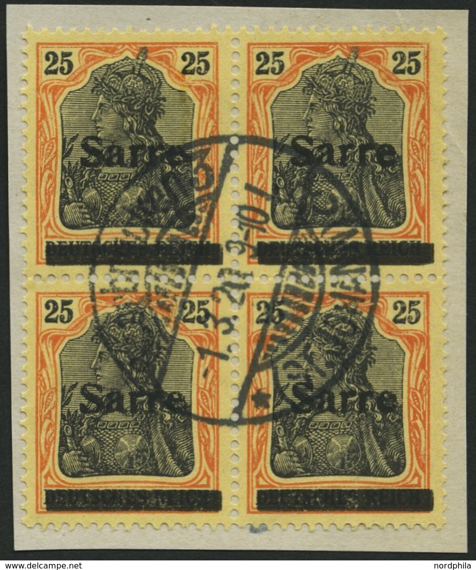 SAARGEBIET 9bI VB O, 1920, 25 Pf. Gelborange/schwarz Auf Gelbweiß, Type I, Im Viererblock Mit Zentrischem Stempel, Prach - Altri & Non Classificati