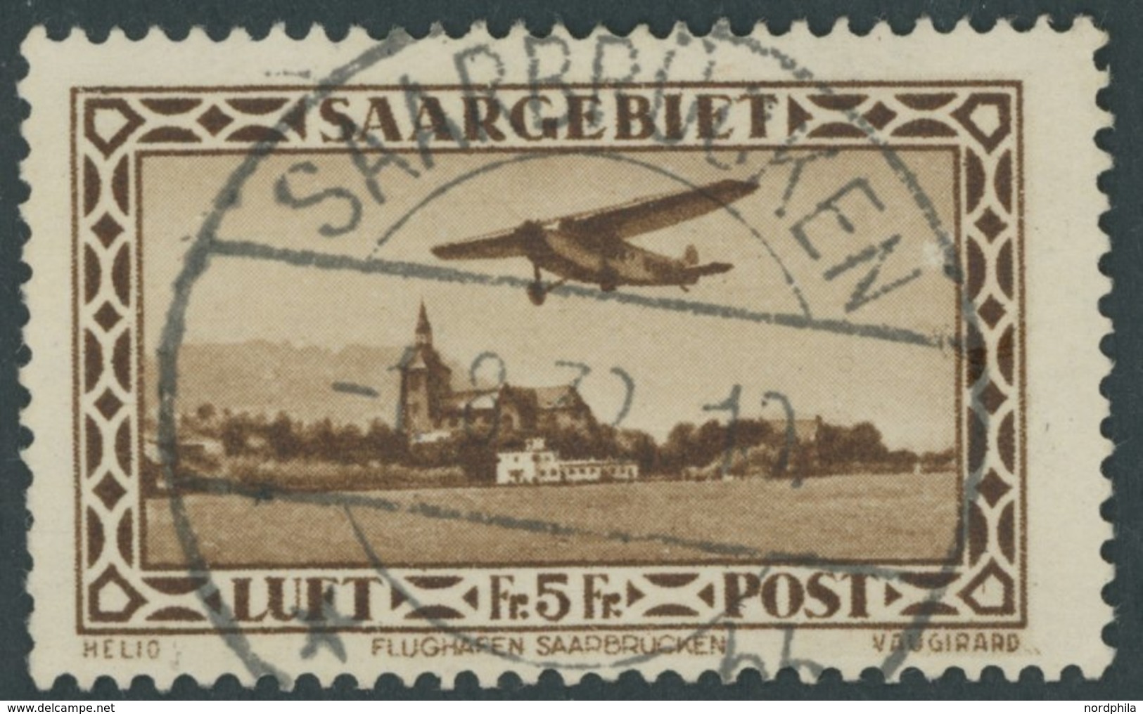 SAARGEBIET 159 O, 1932, 5 Fr. Flugpost, Stumpfe Zahnreihe Sonst Pracht, Gepr. Geigle, Mi. 120.- - Andere & Zonder Classificatie