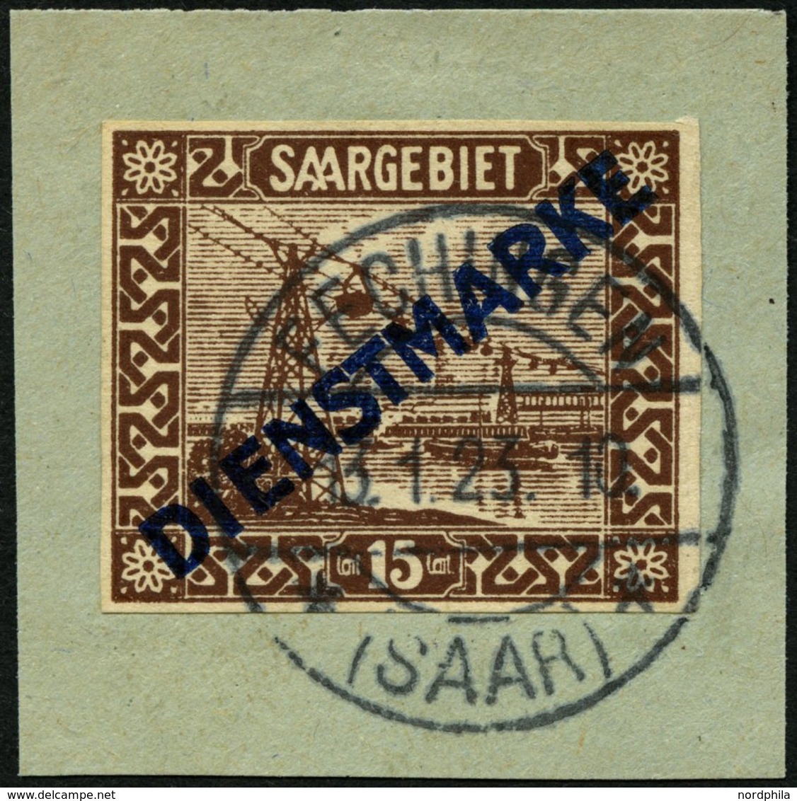 SAARGEBIET D 4IU BrfStk, 1922, 15 C. Diagonaler Aufdruck, Ungezähnt, Mit Rückdatiertem Stempel FECHINGEN, Prachtbriefstü - Dienstzegels
