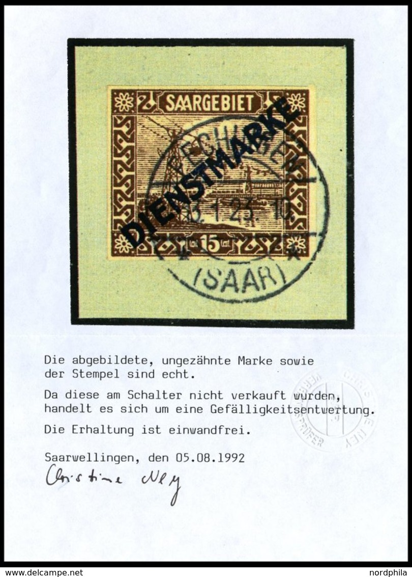 SAARGEBIET D 4IU BrfStk, 1922, 15 C. Diagonaler Aufdruck, Ungezähnt, Mit Rückdatiertem Stempel FECHINGEN, Prachtbriefstü - Dienstzegels