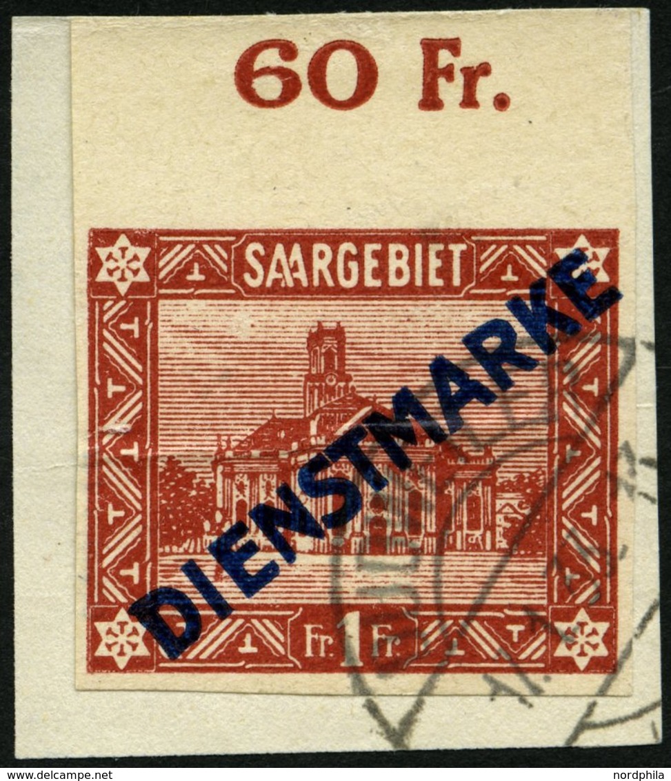 SAARGEBIET D 11IU BrfStk, 1922, 1 Fr. Diagonaler Aufdruck, Type I, Oberrandstück, Ungezähnt, Mit Rückdatiertem Stempel,  - Dienstzegels