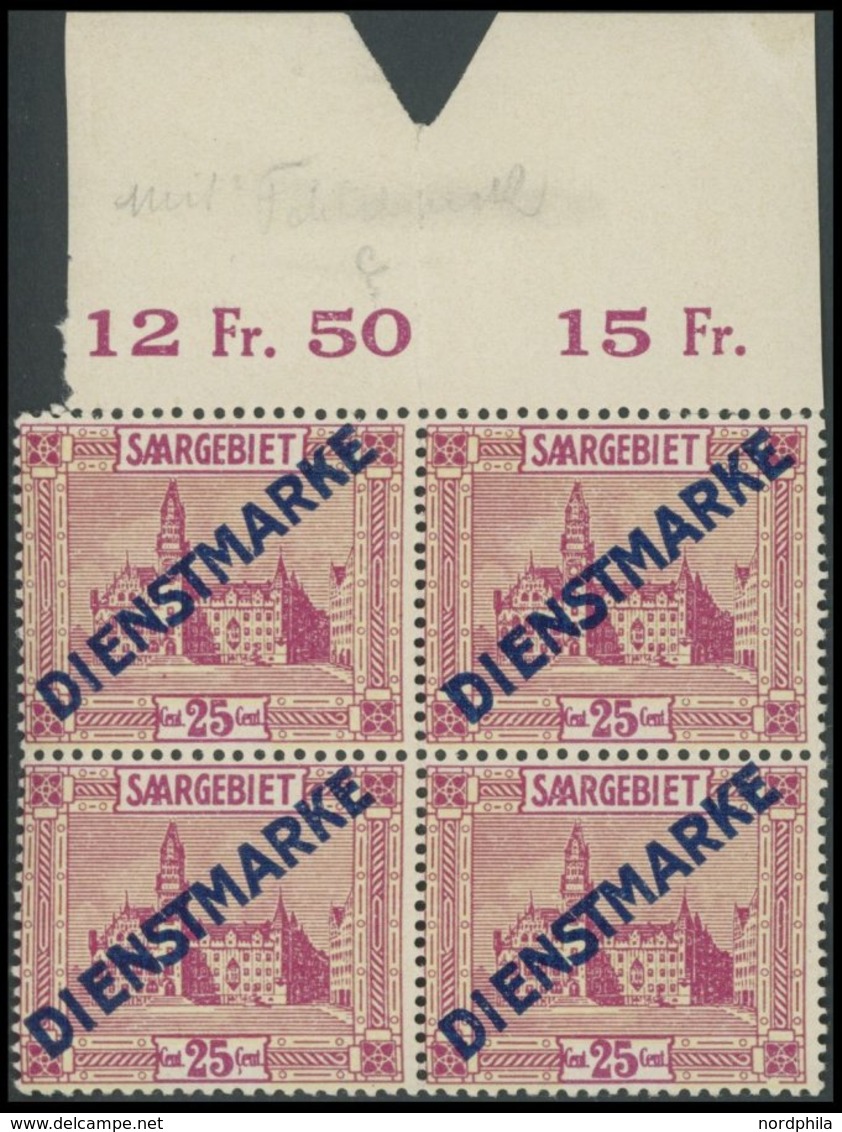 SAARGEBIET D 14II **, 1923, 25 C. Neues Rathaus Im Viererblock, Dabei Plattenfehler PF V, Postfrisch, Pracht - Officials