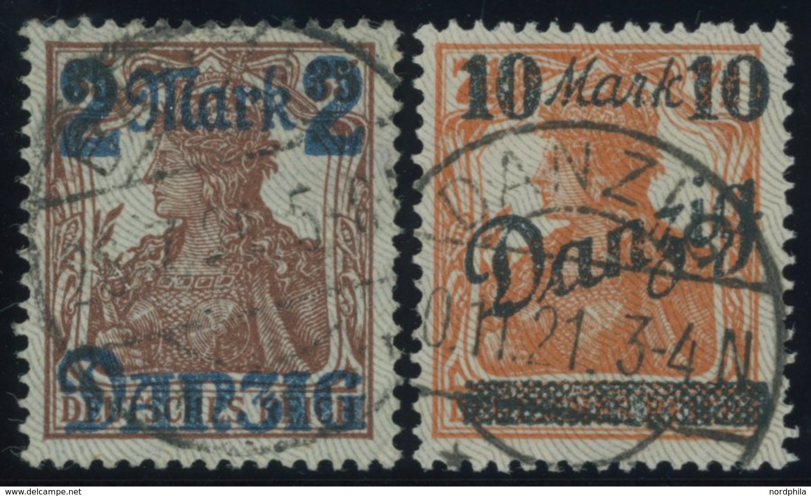 FREIE STADT DANZIG 28IPF V,21IPF V O, 1920, 2 M. Auf 35 Pf. Und 10 M. Auf 71/2 Pf. Mit Plattenfehlern Bruch Durch Zi In  - Altri & Non Classificati