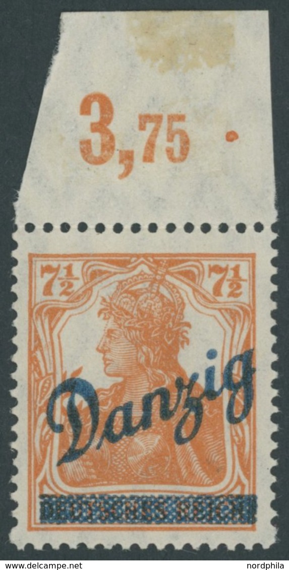 FREIE STADT DANZIG 35POR *, 1920, 71/2 Pf. Kleiner Innendienst, Plattendruck, Oberrandstück, Falzrest, Pracht, Mi. 90.- - Otros & Sin Clasificación