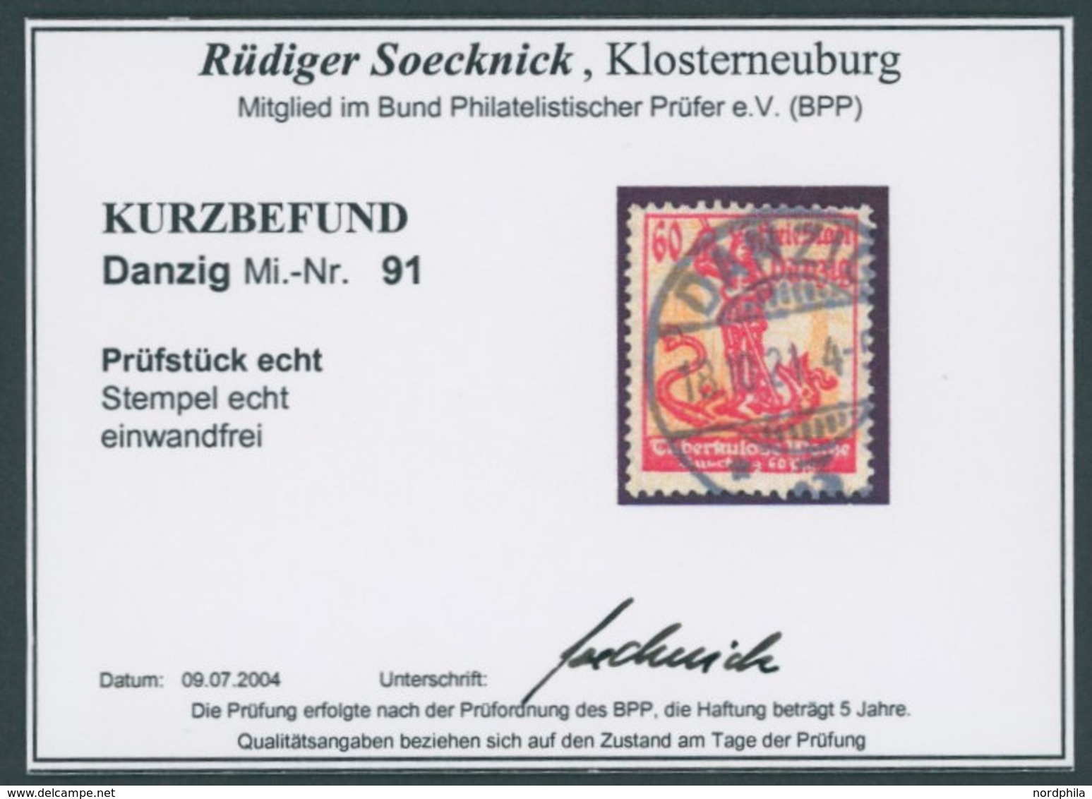 FREIE STADT DANZIG 91 O, 1921, 60 Pf. Tuberkulose-Woche, Zeitgerechte Entwertung, Pracht, Kurzbefund Soecknick, Mi. 140. - Other & Unclassified