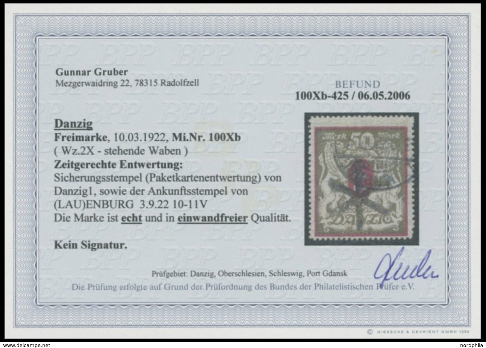 FREIE STADT DANZIG 100Xb O, 1922, 50 M. Lilarot/gold, Wz. X, Zeitgerechte Entwertung DANZIG 5, Pracht, Fotobefund Gruber - Other & Unclassified