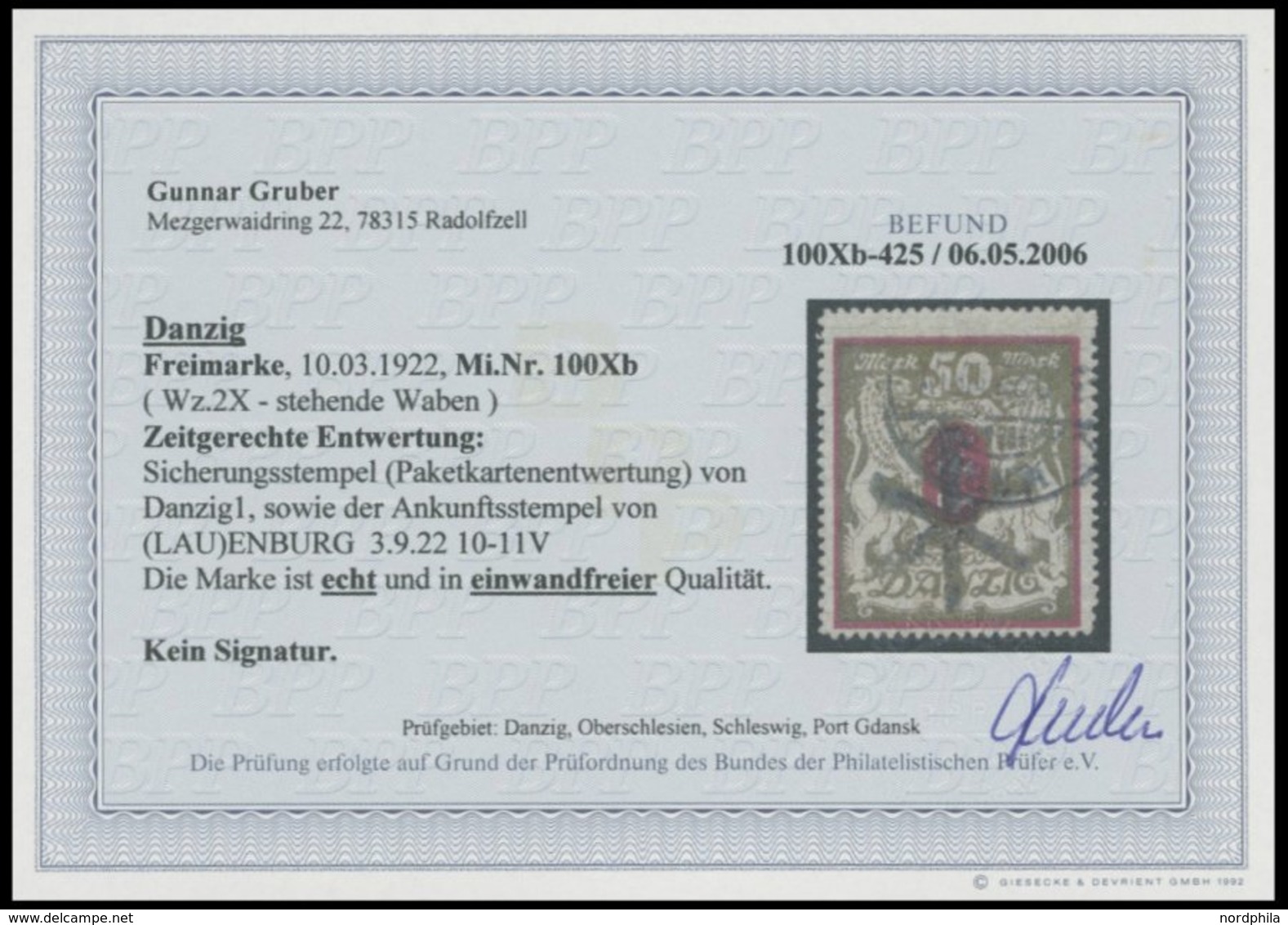 FREIE STADT DANZIG 100Xb O, 1922, 50 M. Lilarot/gold, Wz. X, Zeitgerechte Entwertung DANZIG 5, Pracht, Fotobefund Gruber - Altri & Non Classificati