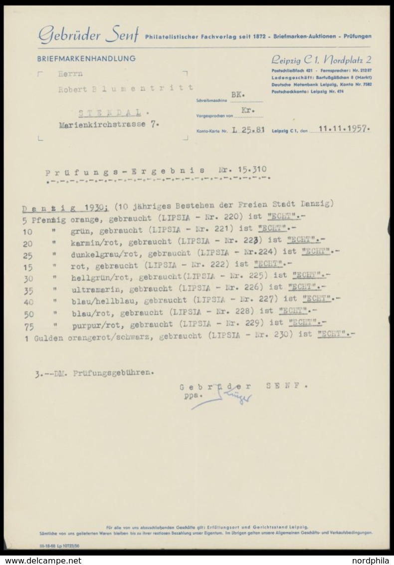FREIE STADT DANZIG 220-30 O, 1930, 15. November, Prachtsatz, Gepr. Senf, Mi. 500.- - Sonstige & Ohne Zuordnung