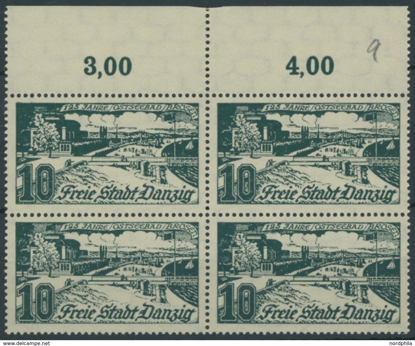 FREIE STADT DANZIG 259a VB **, 1935, 10 Pf. Schwarzopalgrün Im Oberrandviererblock, Postfrisch, Pracht, Fotobefund Grube - Sonstige & Ohne Zuordnung