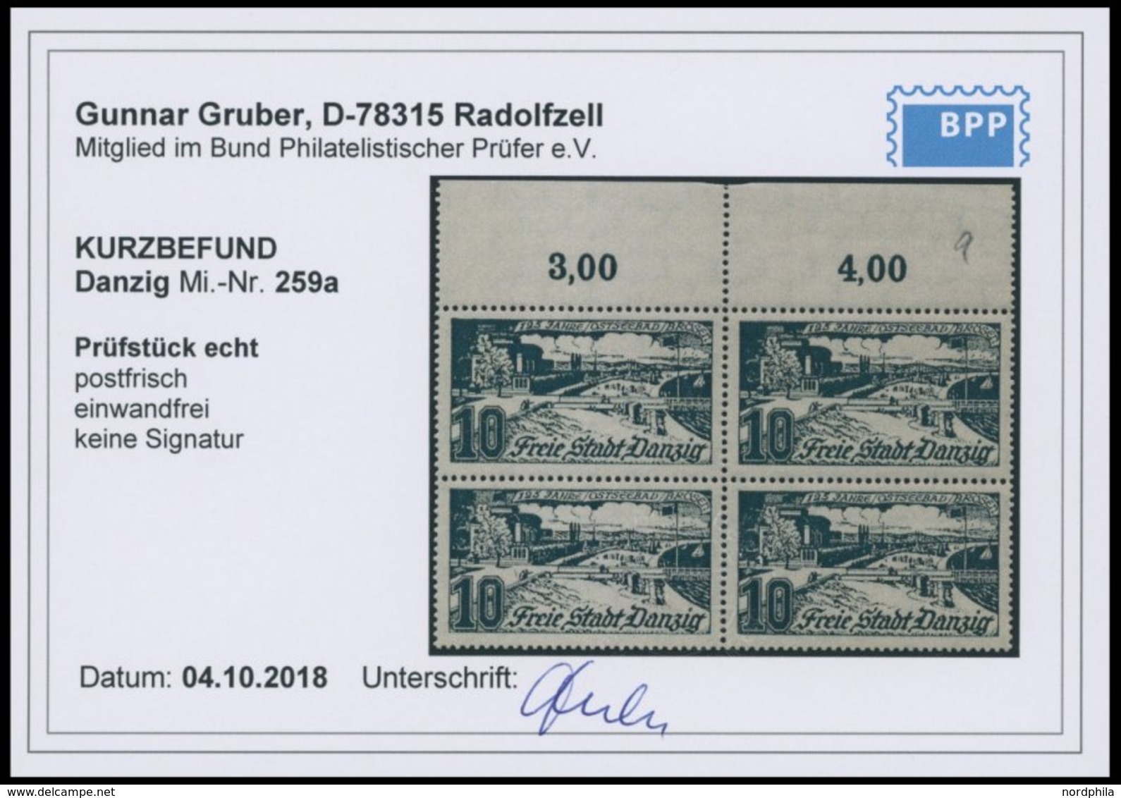 FREIE STADT DANZIG 259a VB **, 1935, 10 Pf. Schwarzopalgrün Im Oberrandviererblock, Postfrisch, Pracht, Fotobefund Grube - Sonstige & Ohne Zuordnung