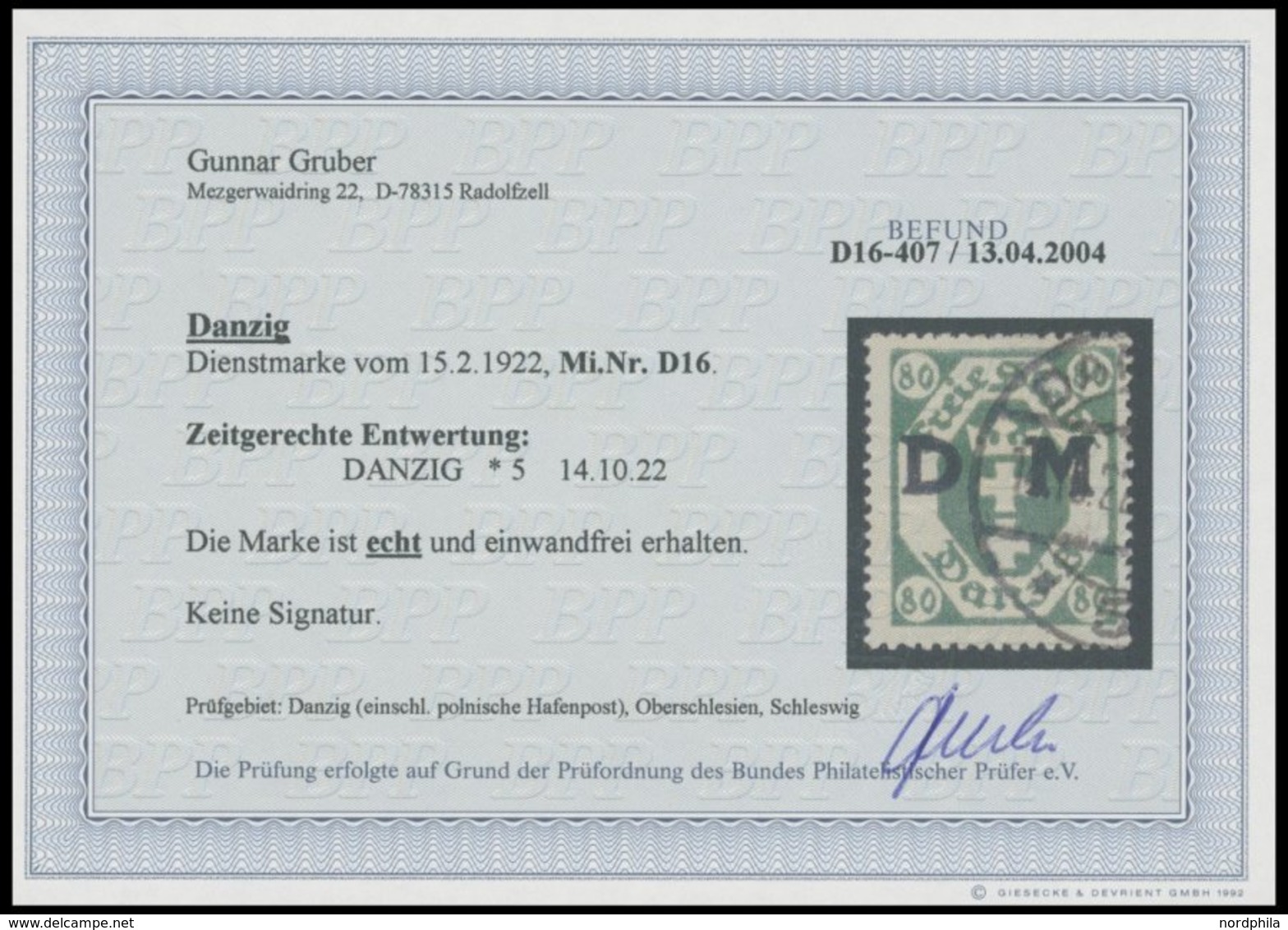 DIENSTMARKEN D 16 O, 1922, 80 Pf. Dunkelgrün, Zeitgerechte Entwertung DANZIG 5, Pracht, Fotobefund Gruber, Mi. 300.- - Andere & Zonder Classificatie