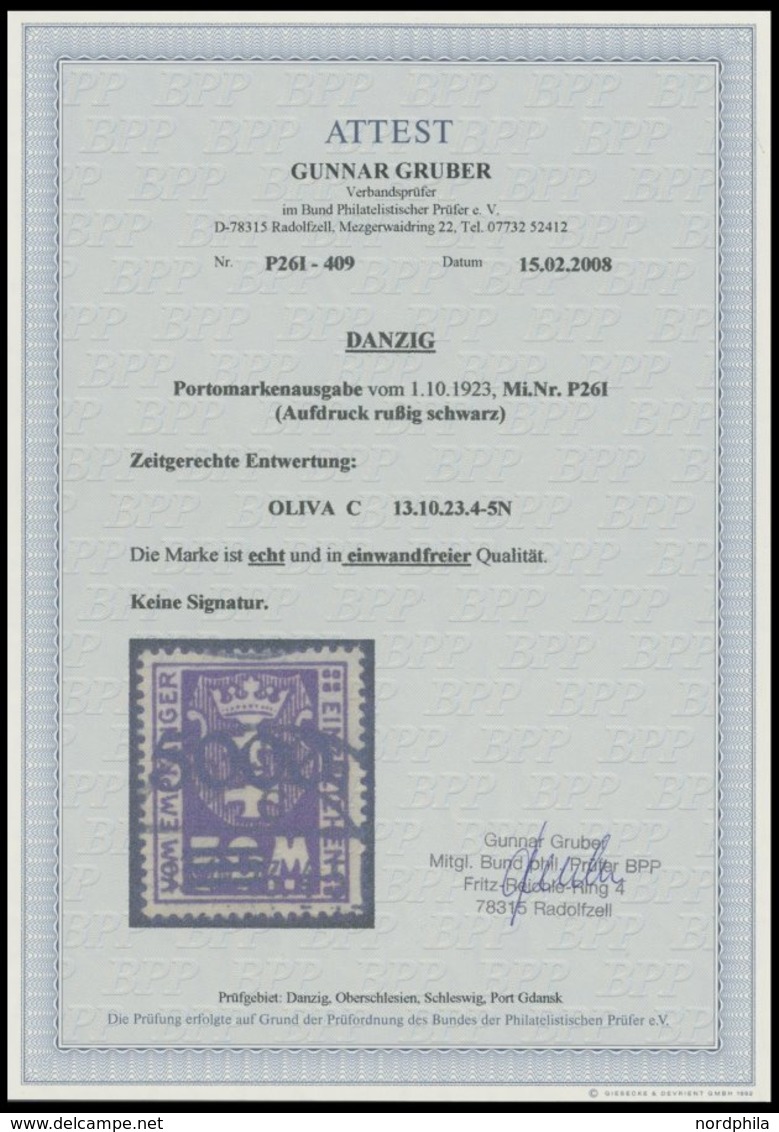 PORTOMARKEN P 26I O, 1923, 5000 Auf 50 M. Dunkelpurpur, Aufdruck Rußig, Zeitgerechte Entwertung OLIVA C, Pracht, Fotoatt - Andere & Zonder Classificatie