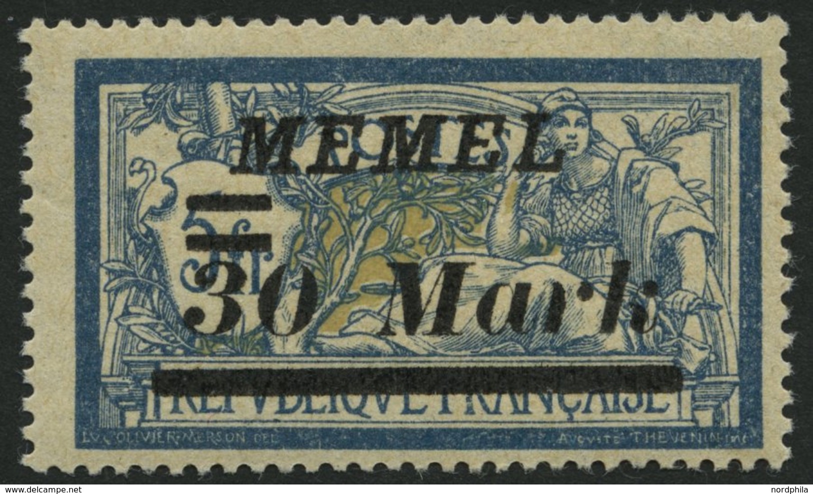 MEMELGEBIET 96II **, 1922, 30 M. Auf 5 Fr. Schwärzlichblau/hellbraunocker, Abstand Zwischen 30 Und Mark 3.9 Mm Statt 2.8 - Memelland 1923