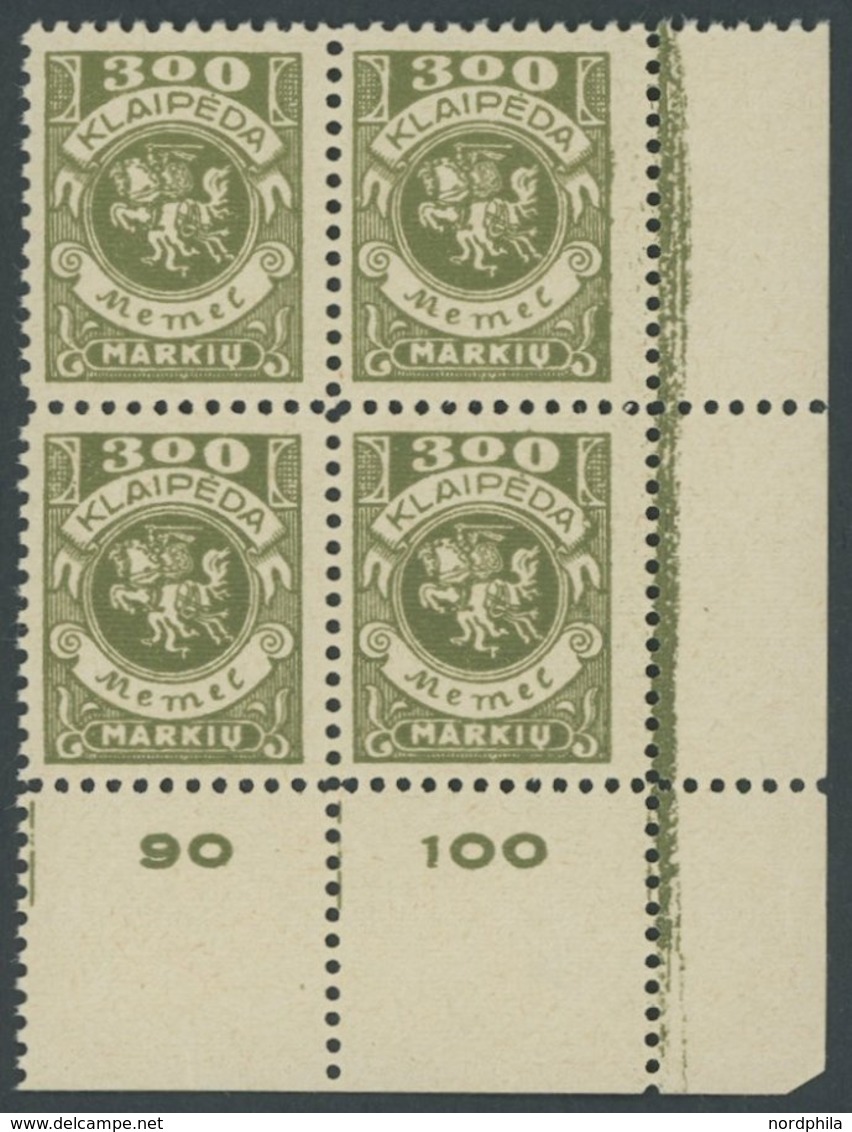 MEMELGEBIET 147 VB **, 1923, 300 M. Oliv Im Unteren Rechten Eckrandviererblock, Postfrisch, Pracht, Mi. (360.-) - Memelland 1923