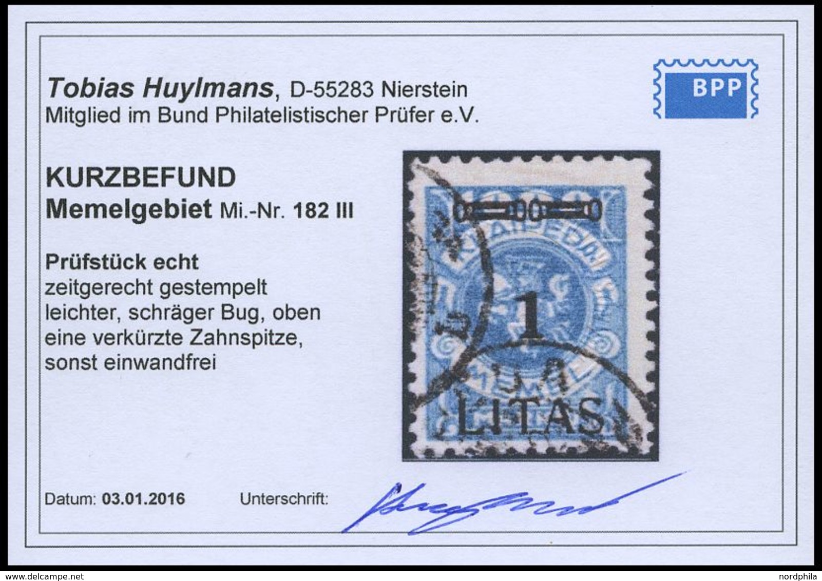 MEMELGEBIET 182III O, 1923, 1 L. Auf 1000 M. Grünlichblau, Type III, Feinst, Kurzbefund Huylmans - Memelland 1923